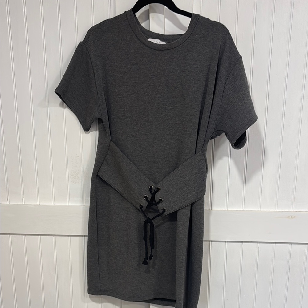 Lush: Gray, Short Sleeve T-shirt Dress with corset style Lace-Up belt size M